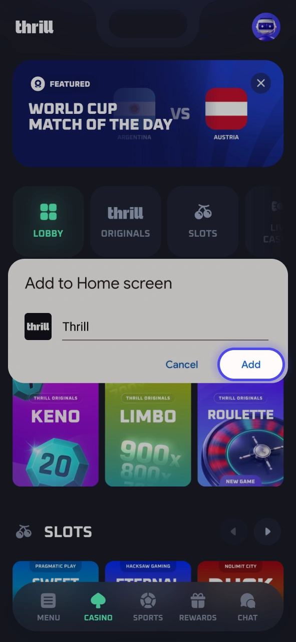 Follow the steps to add the Thrill app shortcut to your Android device.