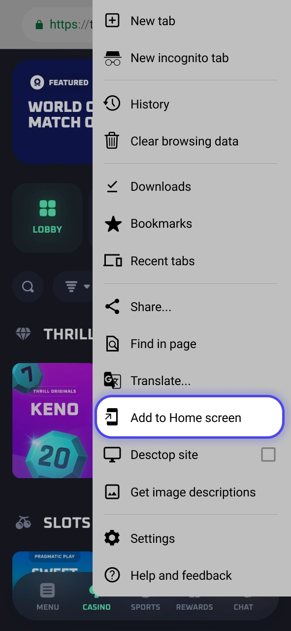 Tap the home screen option to place the Thrill application on Android.