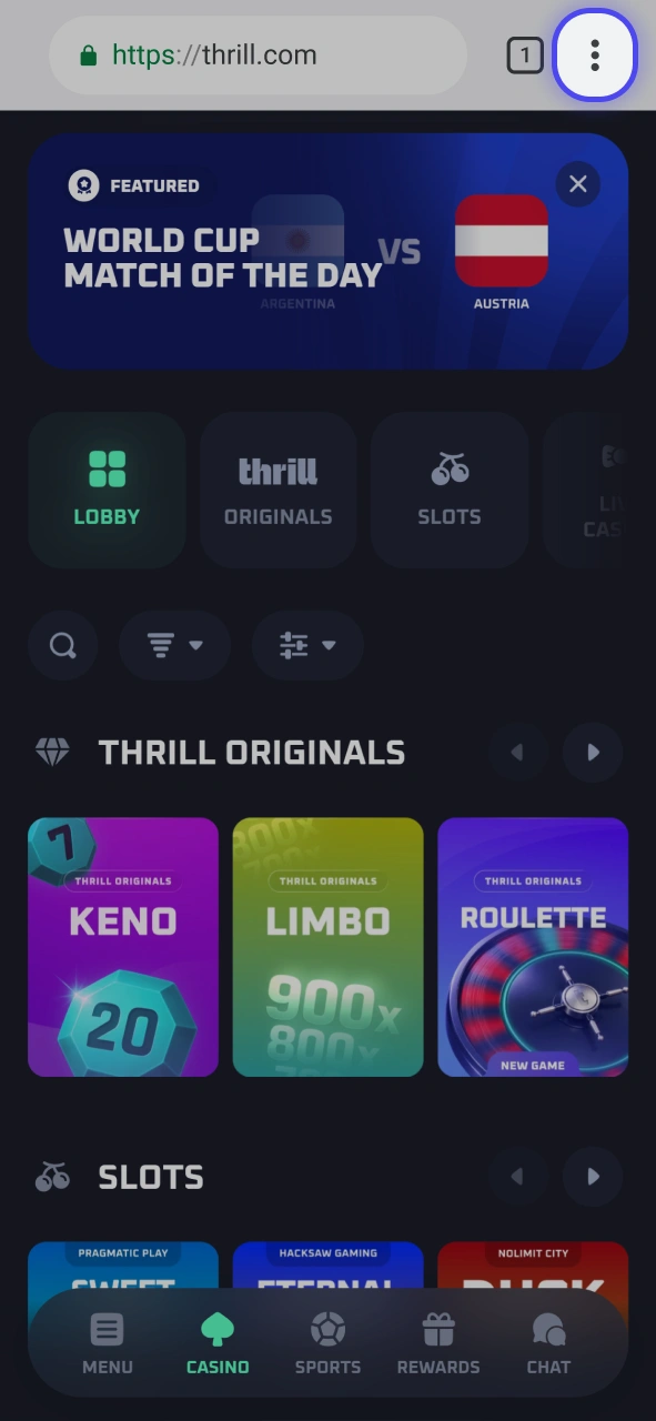 Wait for the official Thrill mobile site platform to load on your Android browser.