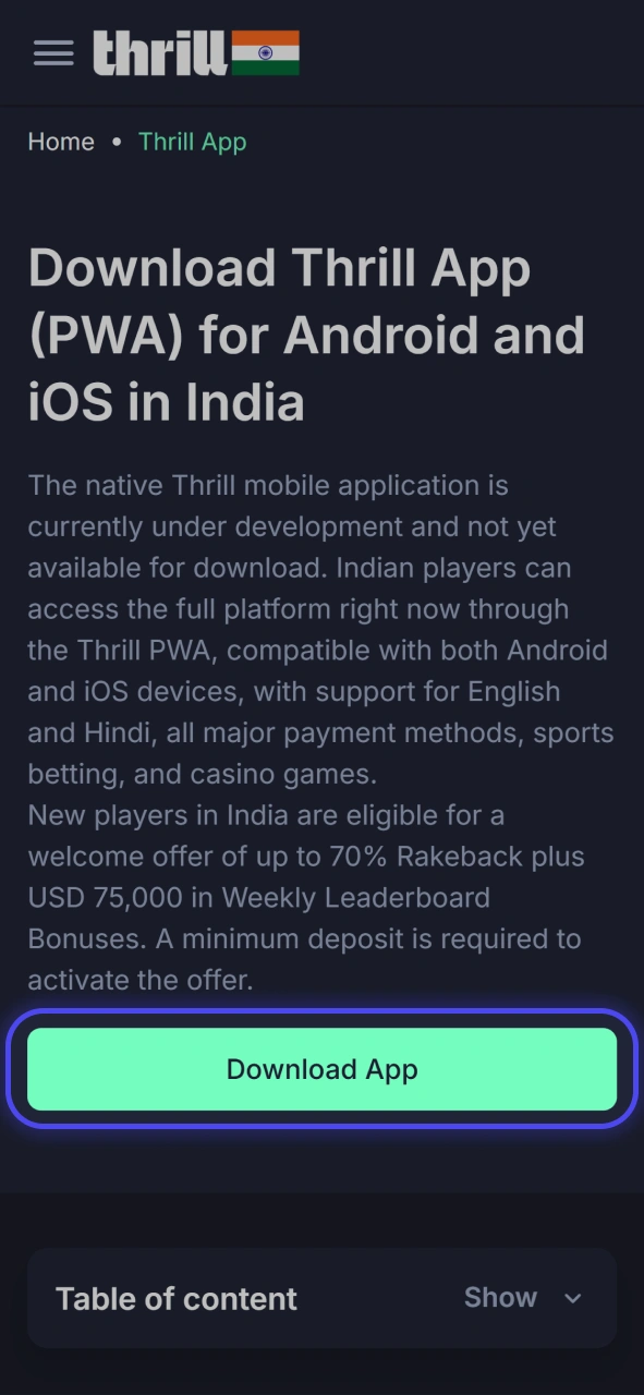 Tap the specified install button to get the mobile app on Android at Thrill.