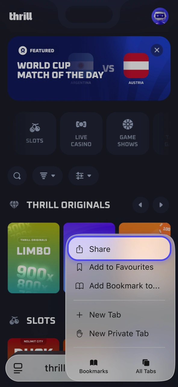 Tap the share icon in your browser menu to initiate the Thrill app setup on iOS.