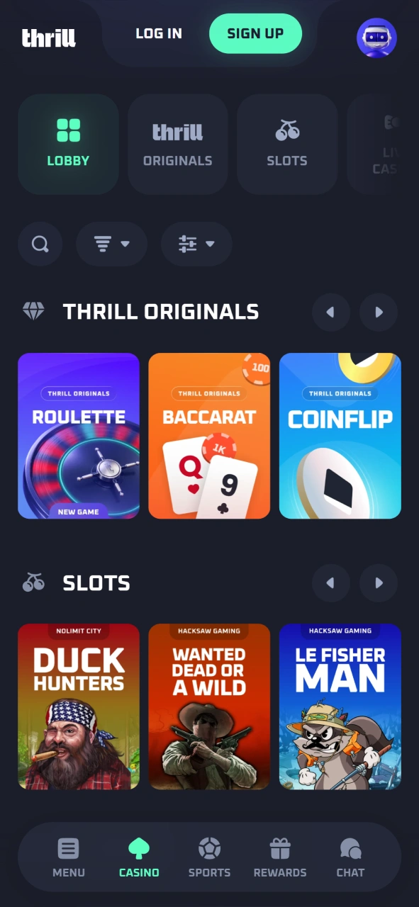 Check the online casino games lobby inside the mobile Thrill app.
