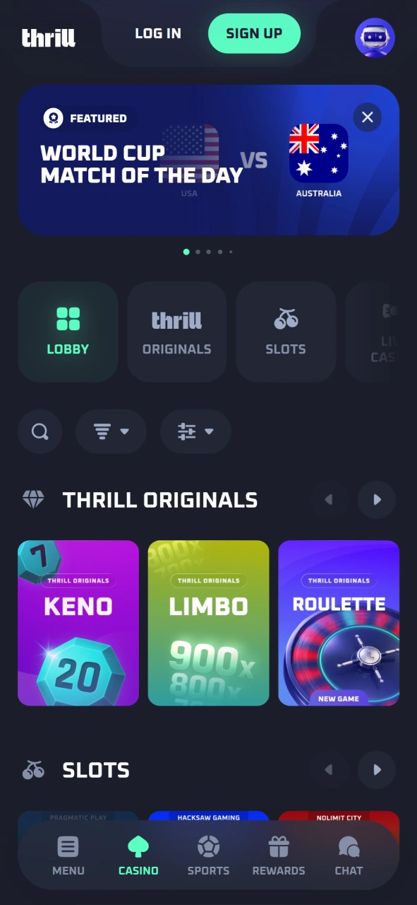View the main home screen interface layout of the official Thrill mobile application.