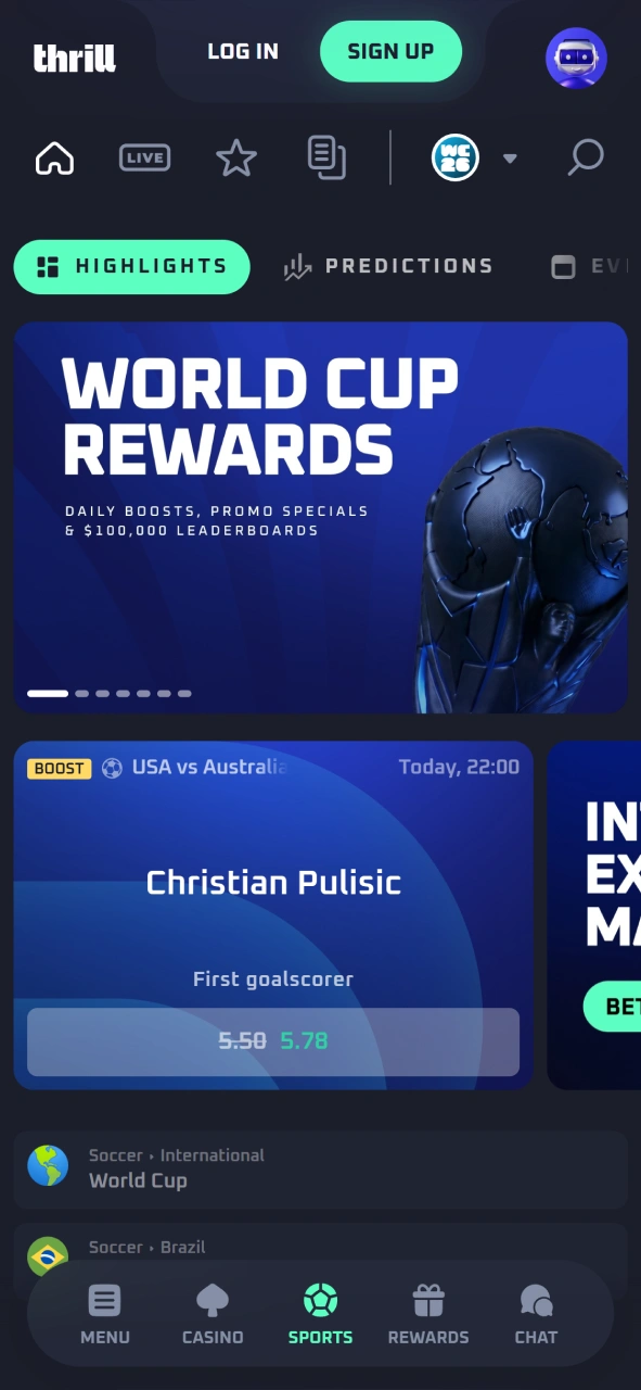 View the integrated sports betting interface inside the Thrill mobile app.