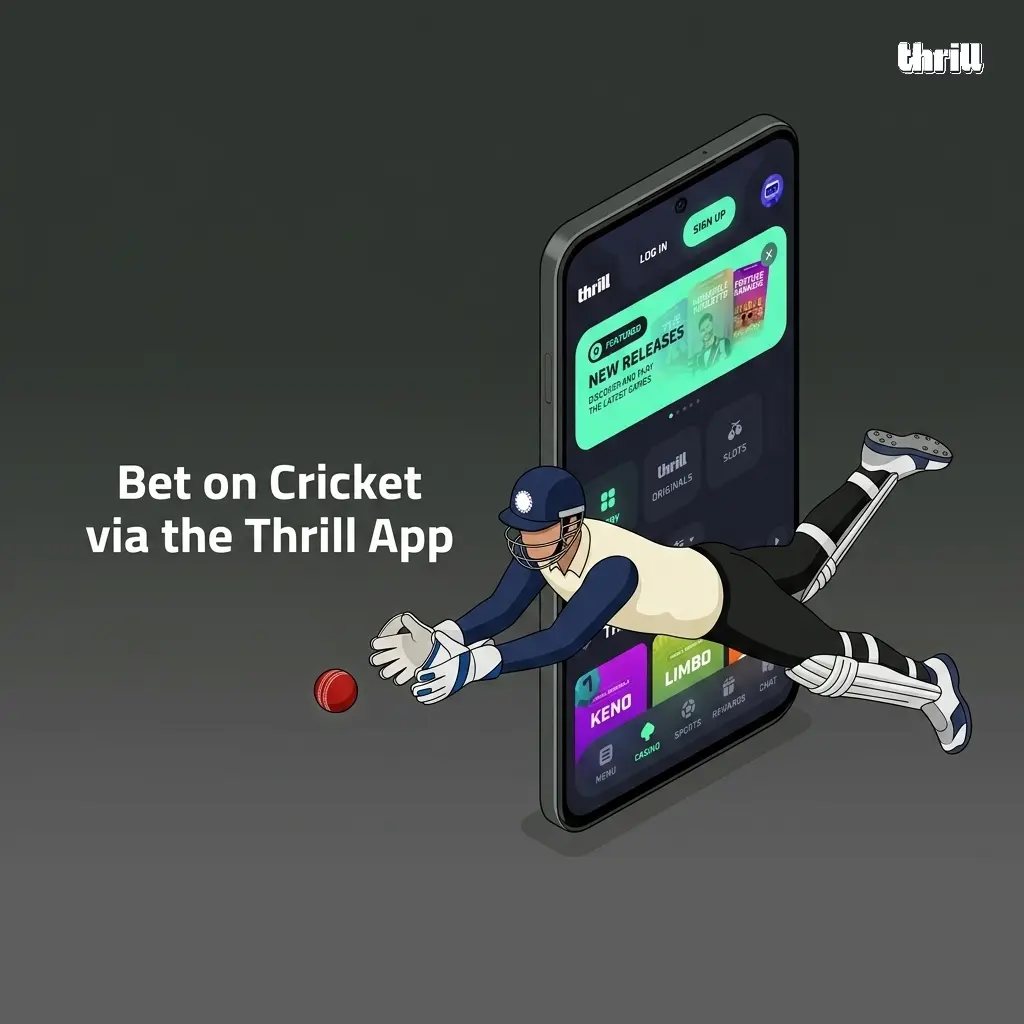 Thrill App interface showing cricket betting markets with live odds, INR payment options on Android and iOS mobile devices