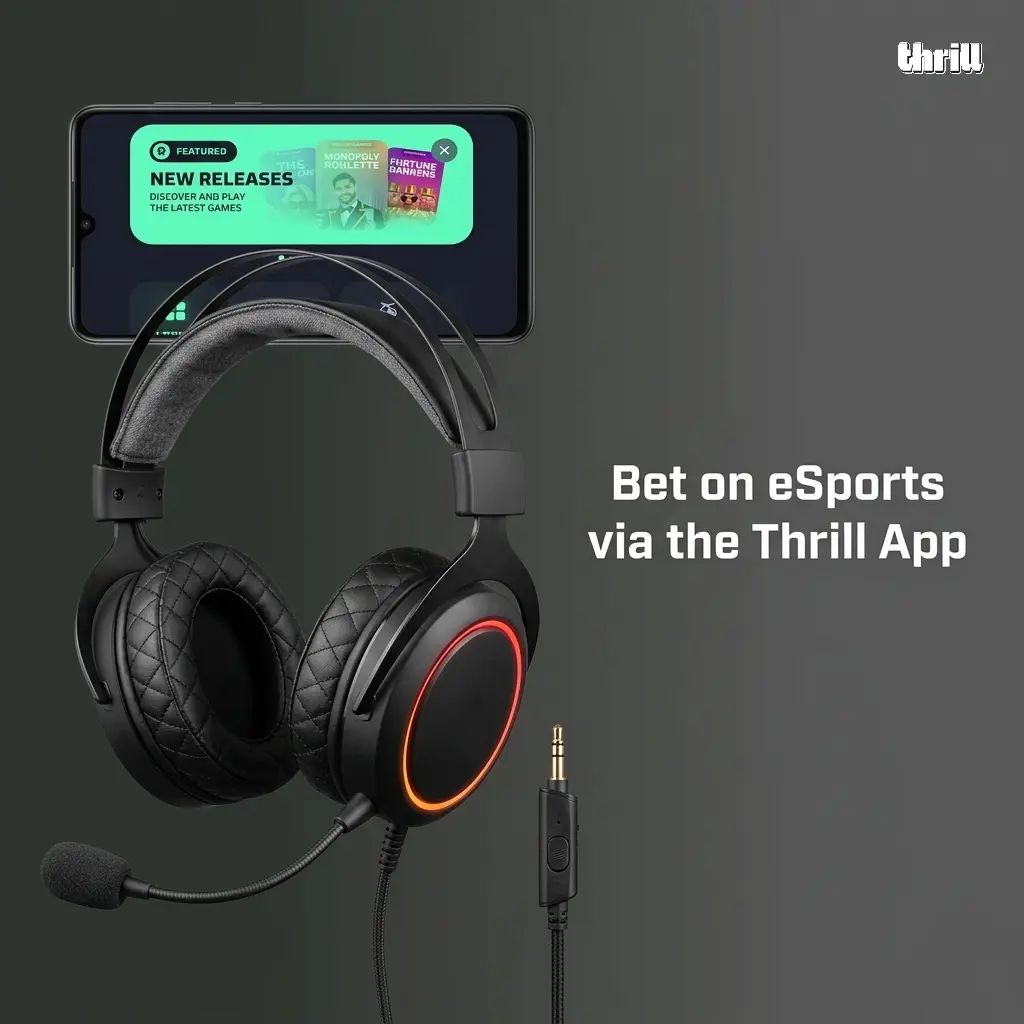 Thrill eSports betting app on Android and iOS showing live odds, UPI payments, and in-play markets for Indian players