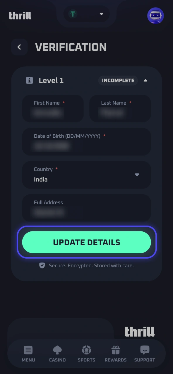 Complete the quick account identity verification step to claim prizes at Thrill.