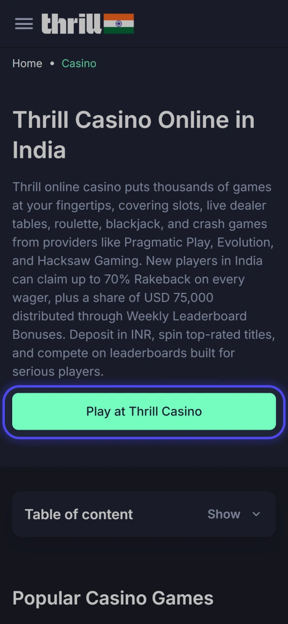 Create your new online casino profile to access real money games at Thrill.