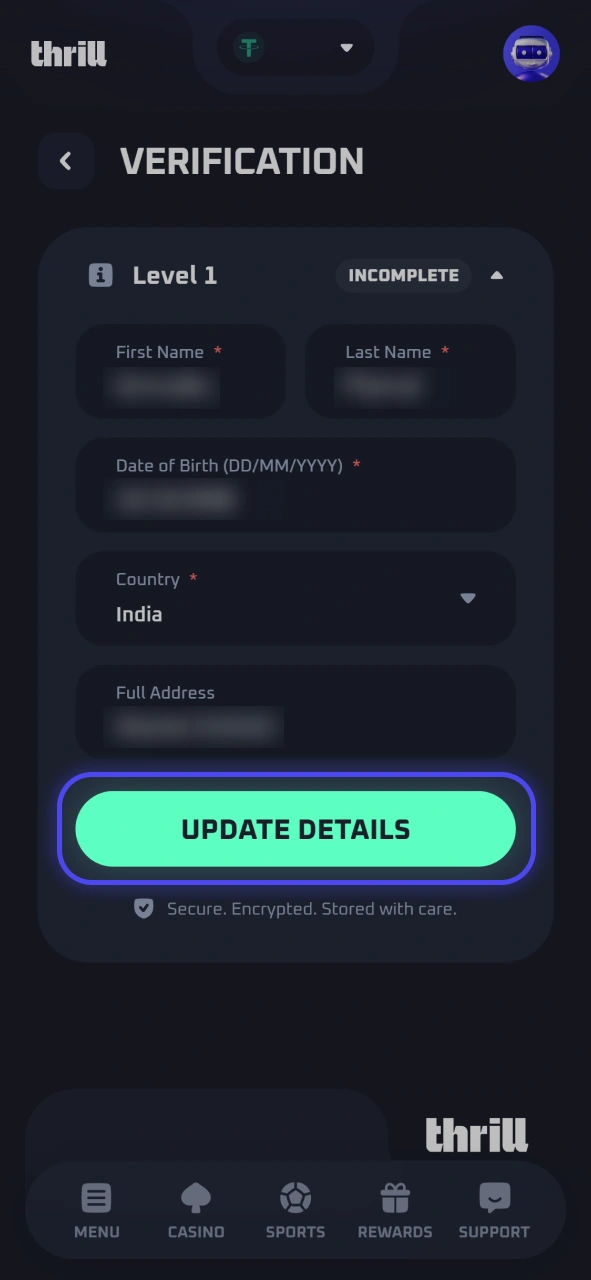 Pass the official user identity verification to secure your Thrill wallet functions.