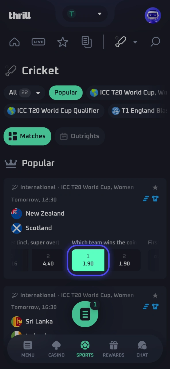 Browse online cricket odds and select your betting market at Thrill.