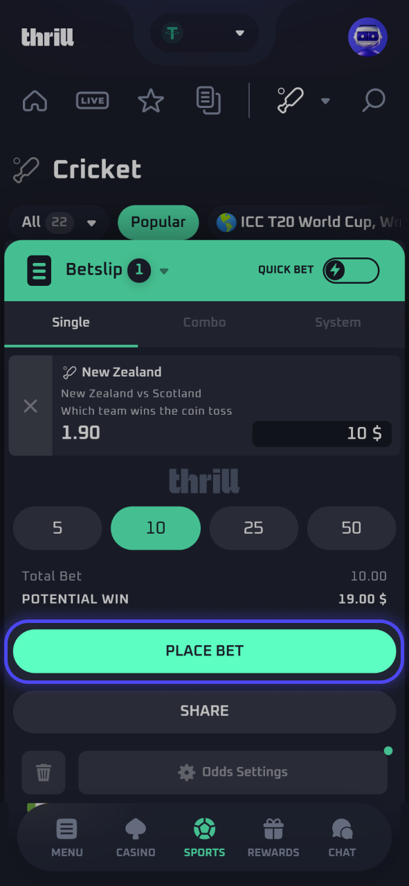 Double check your sports betting slip details and confirm your cricket wager at Thrill.