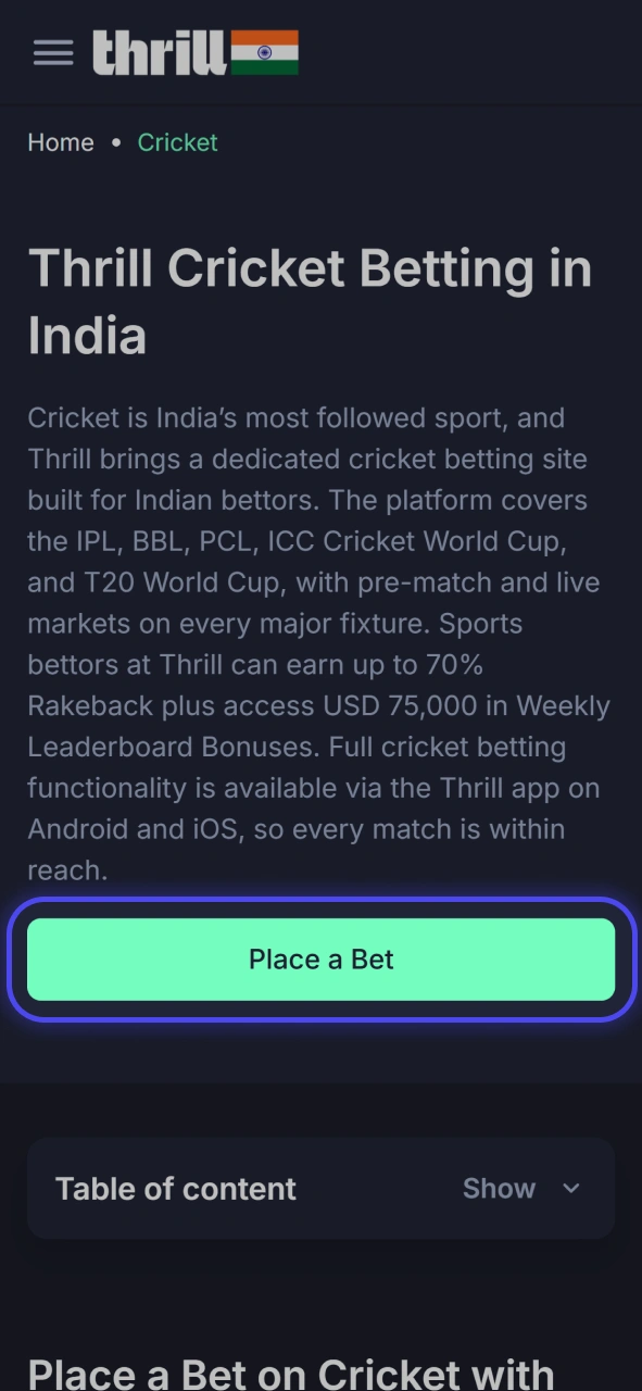 Register your account to unlock premium live cricket odds and updates at Thrill.