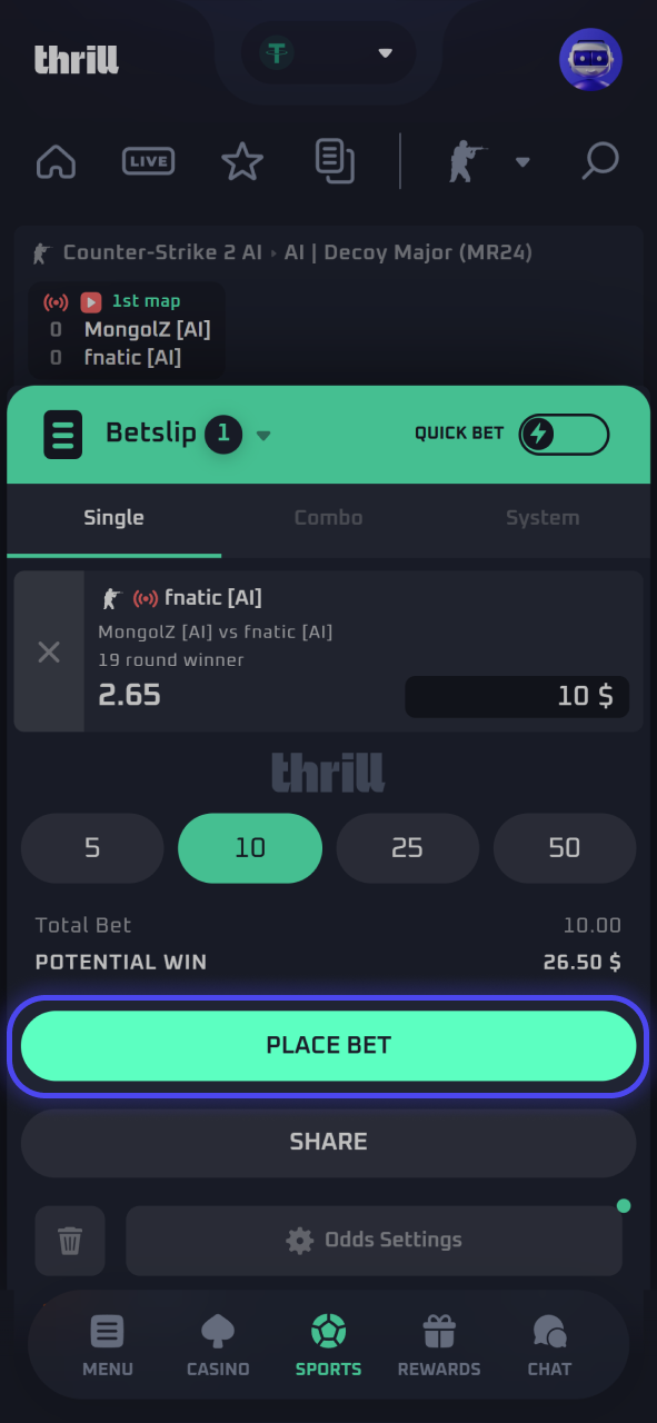 Confirm your digital coupon selections to place a safe eSports wager at Thrill.