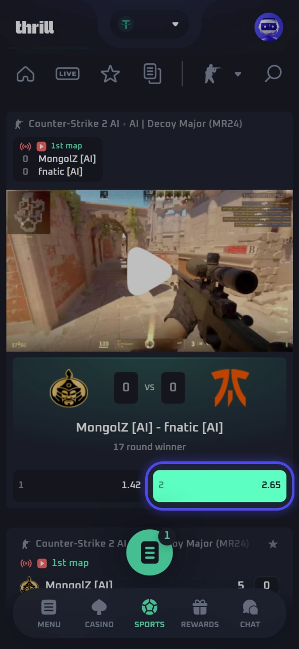 Place your live predictions on professional gaming and eSports tournaments at Thrill.