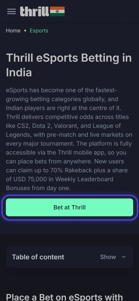 Sign up on the platform to bet on global eSports leagues and matches at Thrill.