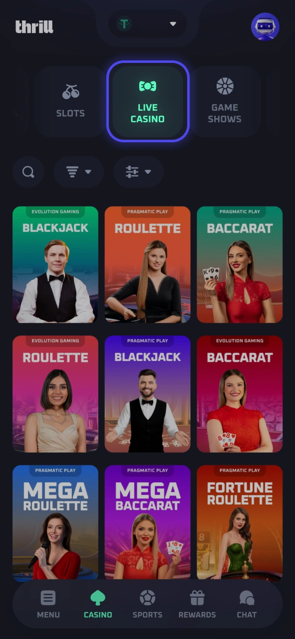 Explore different categories of roulette, baccarat, and blackjack live lounges at Thrill.