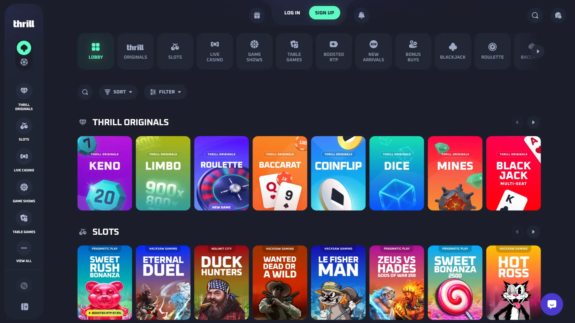 Screenshot displaying the wide desktop virtual games and slots catalog panel at Thrill.