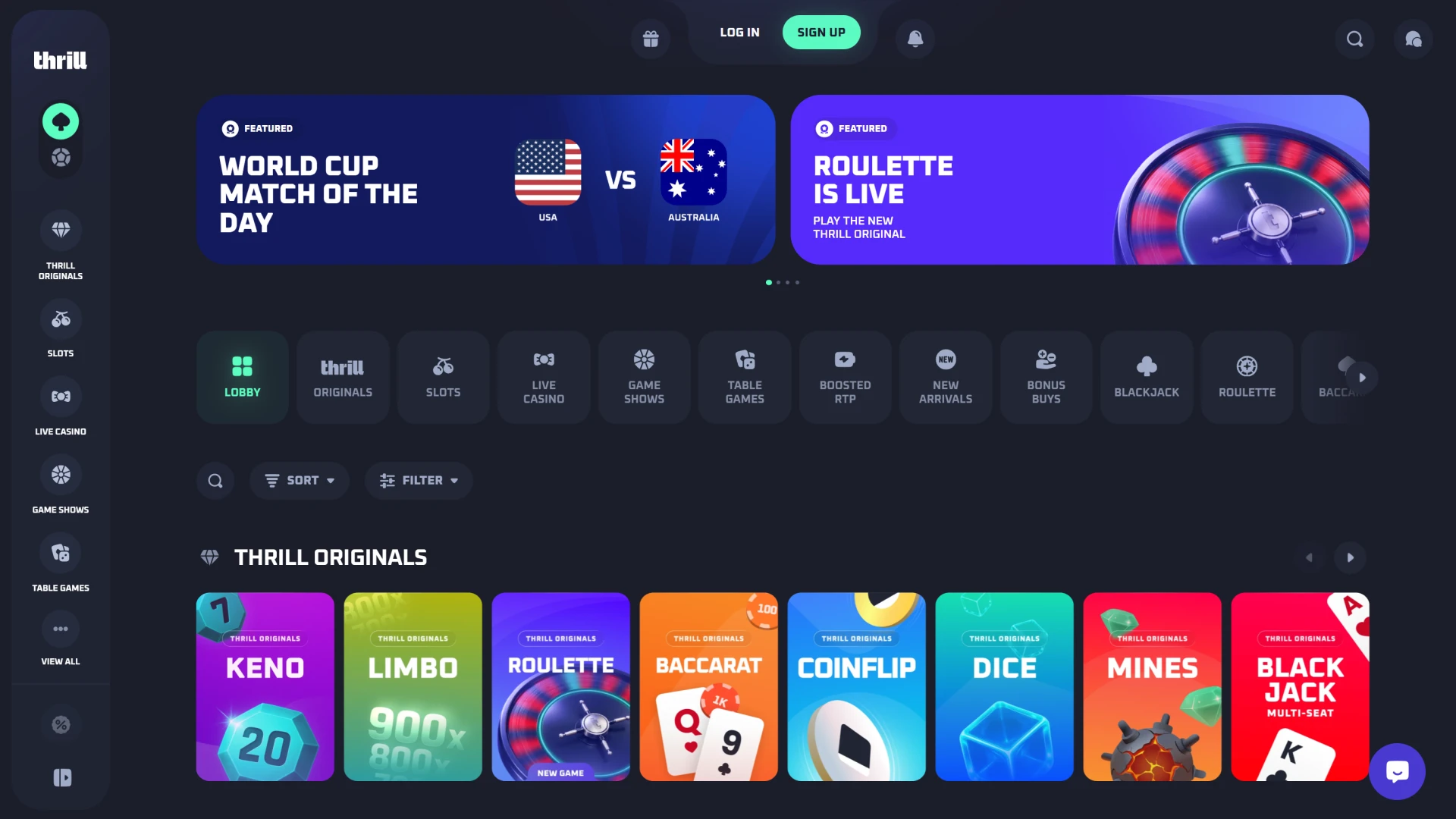 Screenshot highlighting the main desktop homepage design of the online casino site at Thrill.