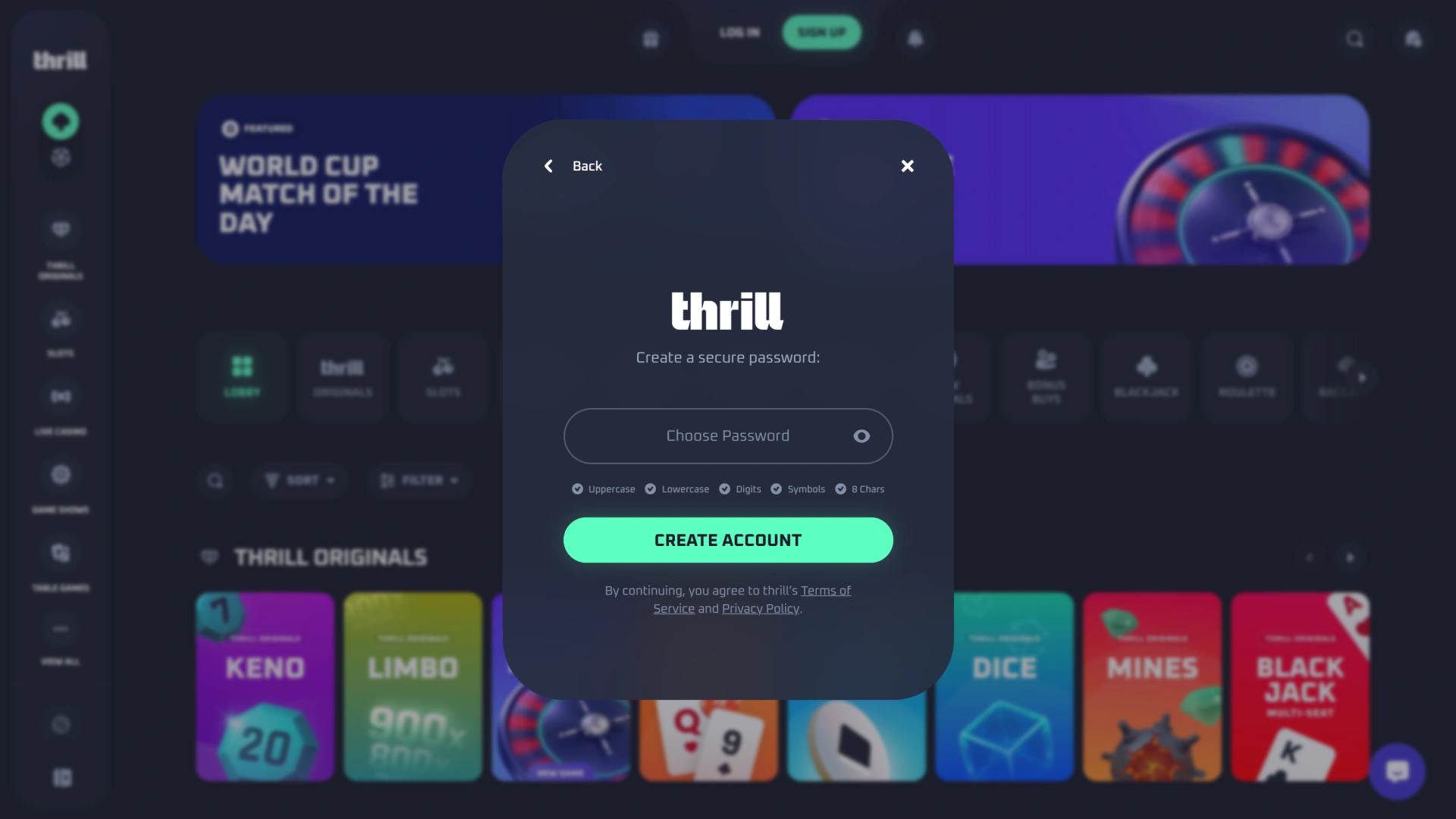 Screenshot showing the full desktop registration and sign up window interface at Thrill.
