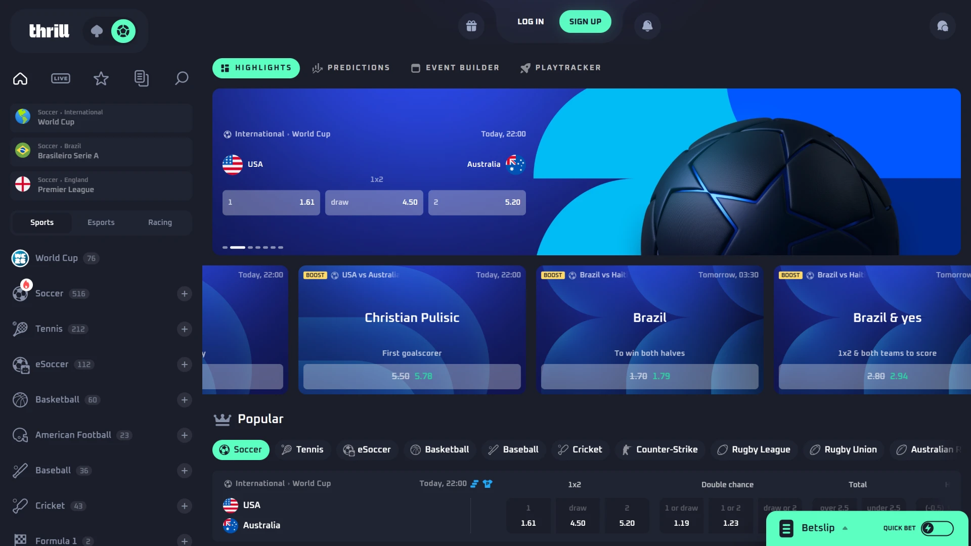 Screenshot showcasing the dynamic desktop sportsbook layout and live odds dashboard at Thrill.