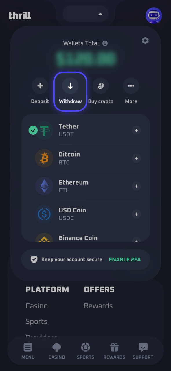 Navigate directly to the withdrawals screen in the secure banking panel at Thrill.