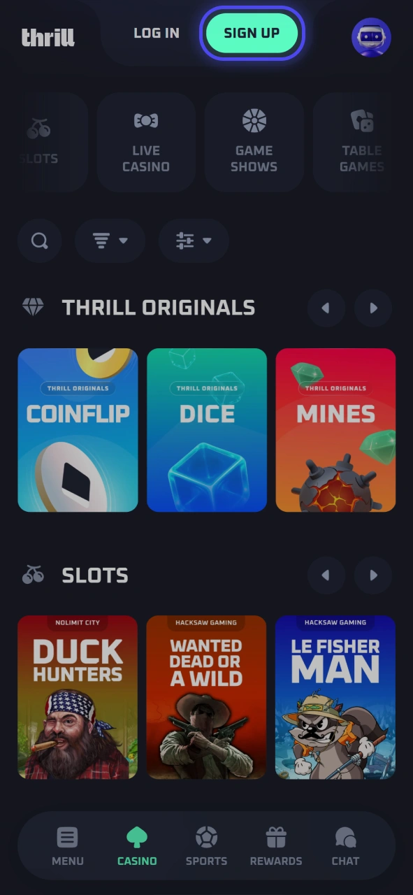 Click on the official prominent sign-up button to begin account creation at Thrill.
