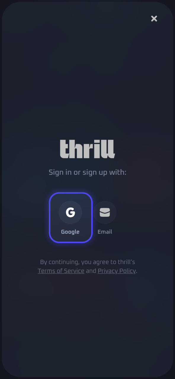 Choose the fast social registration option to join the platform via Google instantly at Thrill.