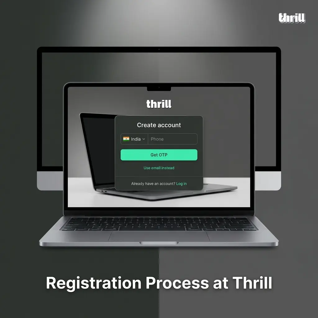 Step-by-step Thrill registration process in India showing sign-up form, currency selection, and promo code entry