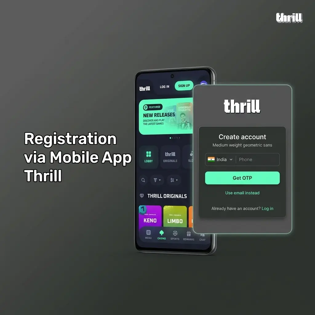 Thrill mobile app registration screen showing sign-up options including email and social login on Android device