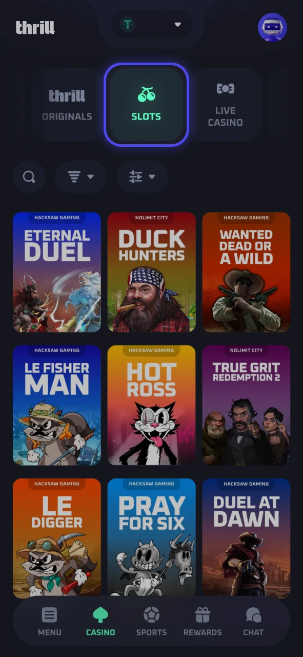 Browse through organized categories to discover new immersive video slots at Thrill.