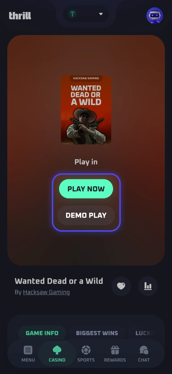 Click the game icon to successfully launch and load any premium online slot at Thrill.