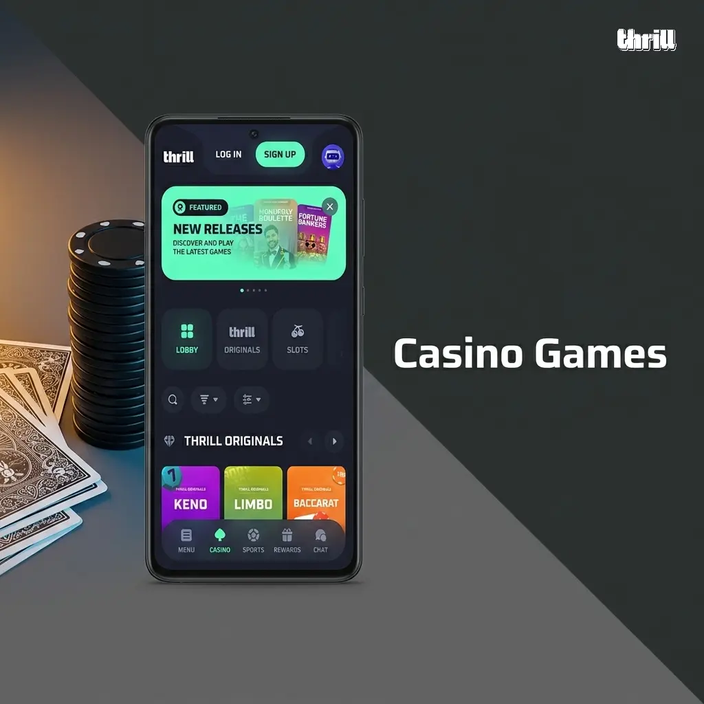 Thrill Casino game lobby showing slots, live dealer tables, crash games, roulette, blackjack, and jackpot titles