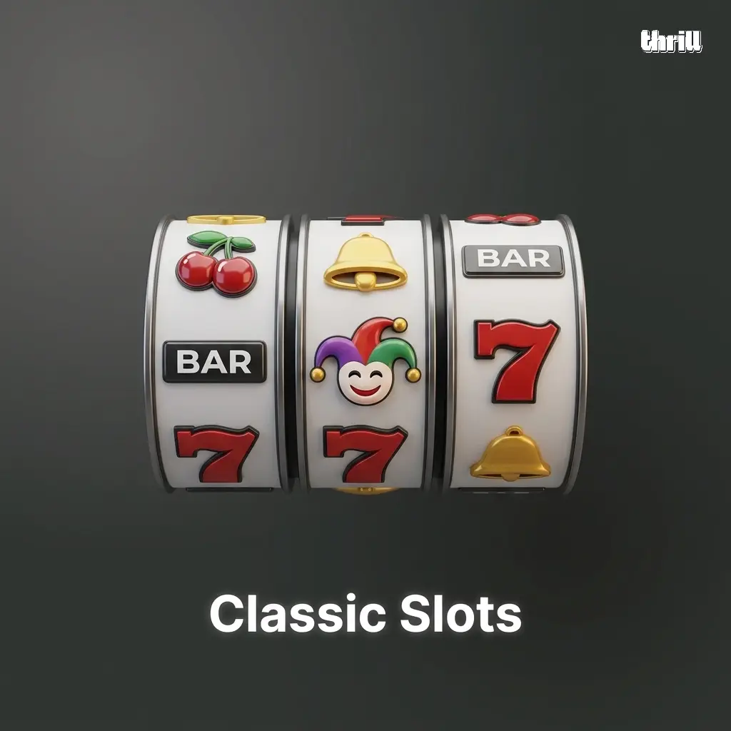 Classic slots at Thrill Casino featuring 3-reel layouts with bars, sevens, and fruit symbols for fast-paced real-money gameplay