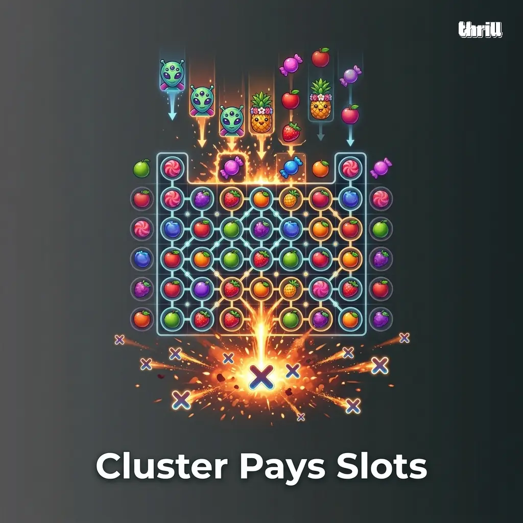 Cluster pays slots grid showing matching symbol groups with cascading reels and win combinations from top titles