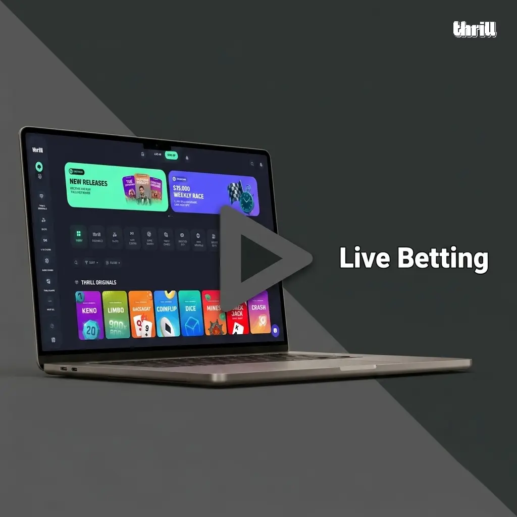 Thrill live betting interface showing in-play markets for cricket, football, tennis and more with real-time odds