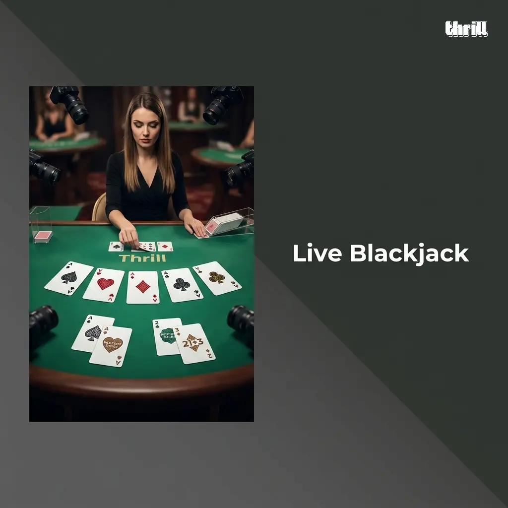 Live blackjack table with real dealer at Thrill Casino showing card game variants including Infinite and Speed Blackjack