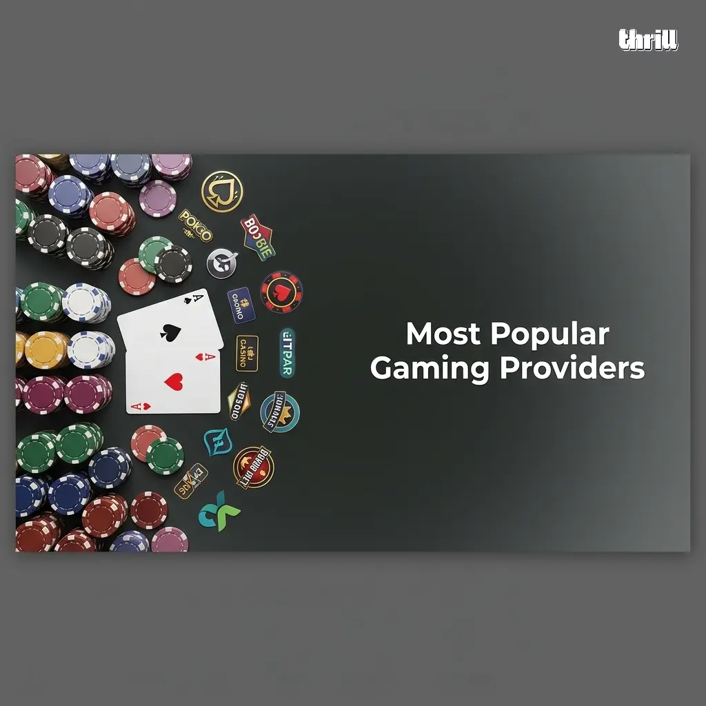 Logos of top gaming providers including Pragmatic Play, Evolution, Hacksaw Gaming, Spribe, and Play'n GO at Thrill Casino