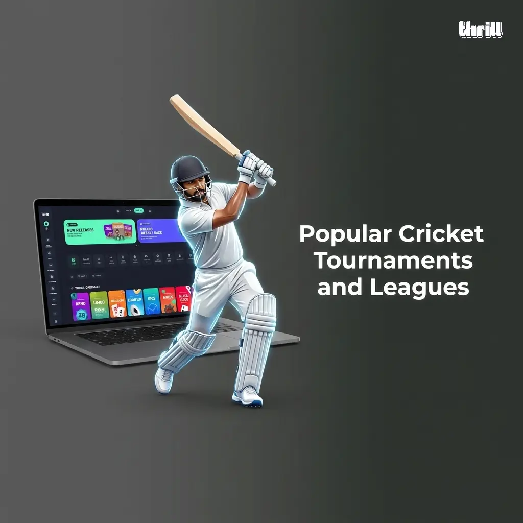Popular cricket tournaments including IPL, ICC World Cup, T20 World Cup, BBL, and CPL available for betting on Thrill