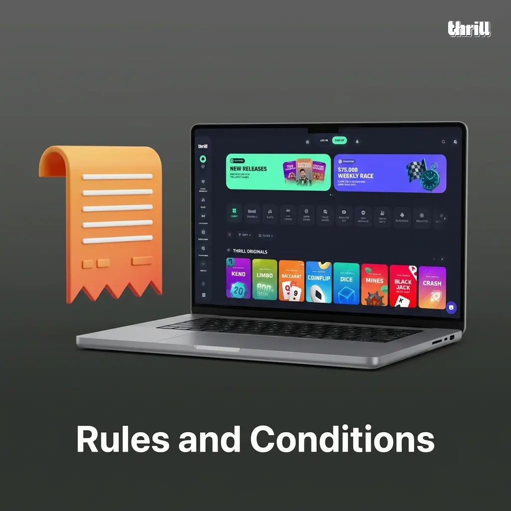 Thrill Casino rules and conditions for Indian players covering age, accounts, bonuses, crypto, and prohibited activities