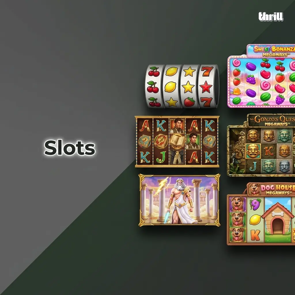 Thrill Casino slots including Book of Dead, Gates of Olympus, Sweet Bonanza, Gonzo's Quest Megaways and Dog House Megaways