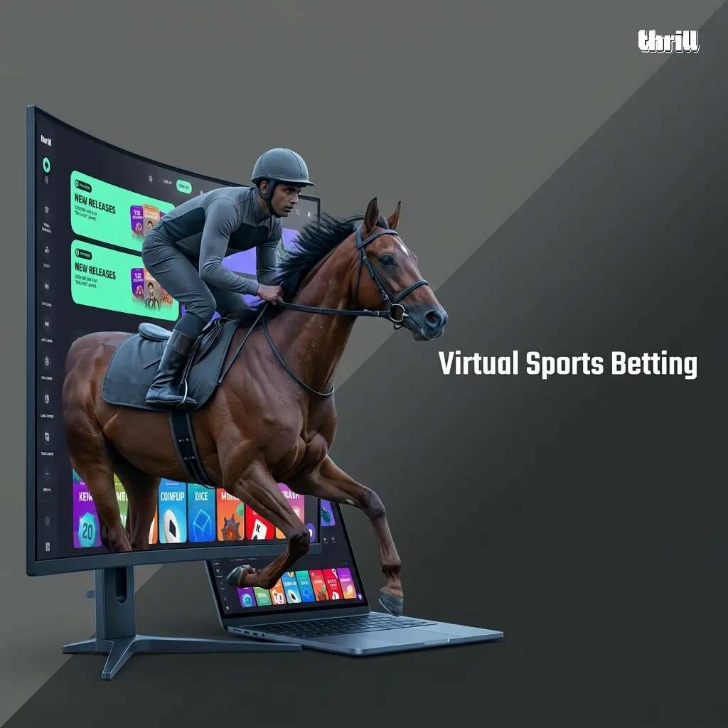 Animated virtual sports betting interface showing simulated football, horse racing, basketball and tennis events with odds